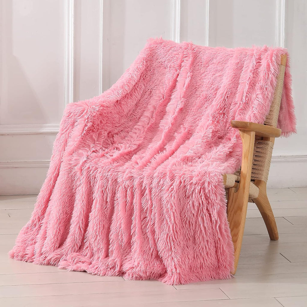 Decorative Extra Soft Faux Fur Blanket Twin Size 70" X 78",Solid Reversible Fuzzy Fluffy Cozy Plush Fleece Comfy Microfiber Fur Blanket for Couch Sofa Bed,Pink