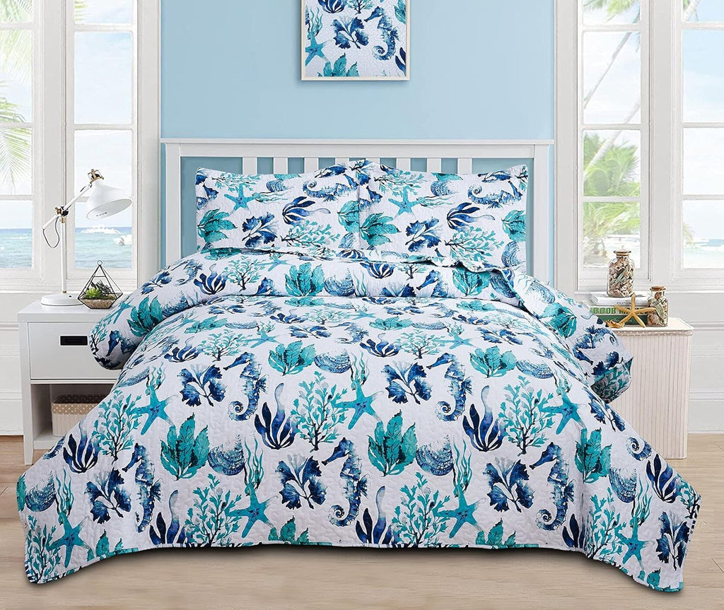 Coastal Bedding Set - Queen Size Reversible Quilts & Coverlet, Soft & Lightweight, Tropical Design, Aqua