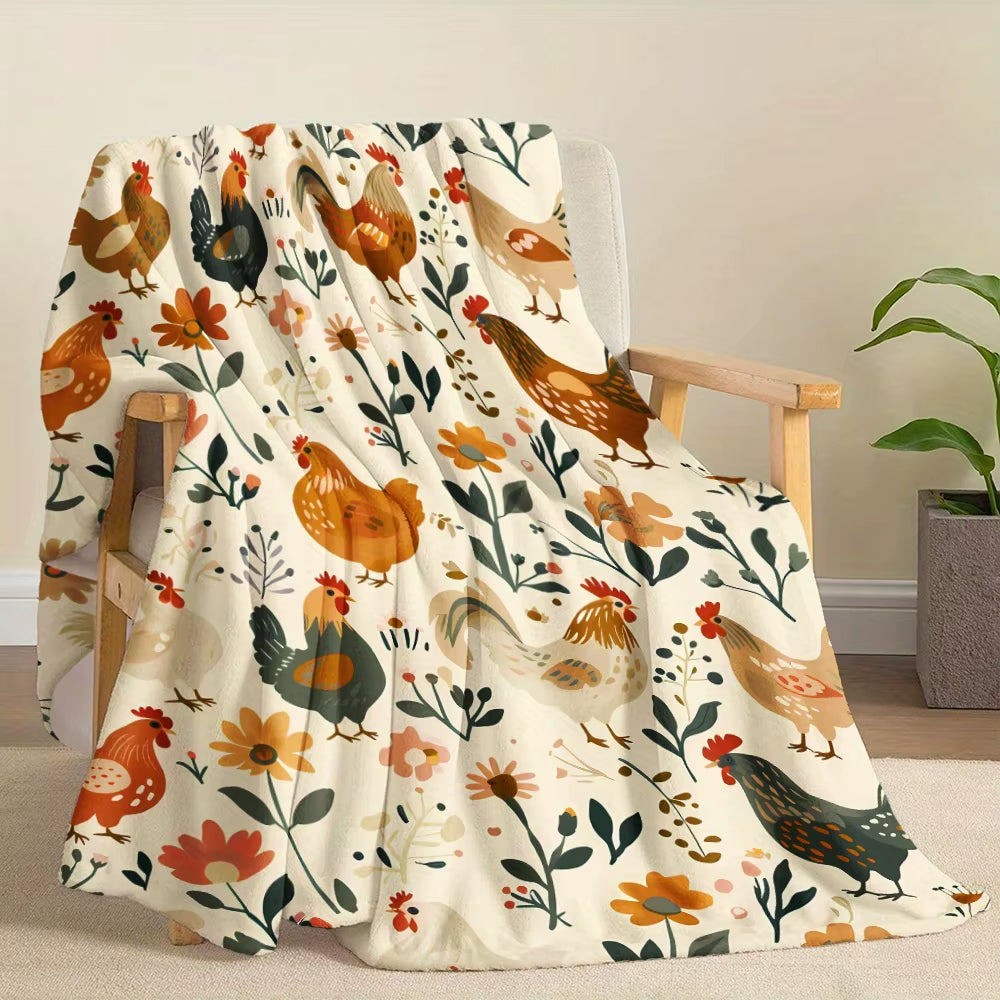 1Pc Chicken Element Blanket, Vintage Illustration Style, Chickens on the Farm, Flowers, Plants, Animals, Birds, Soft and Warm Pr
