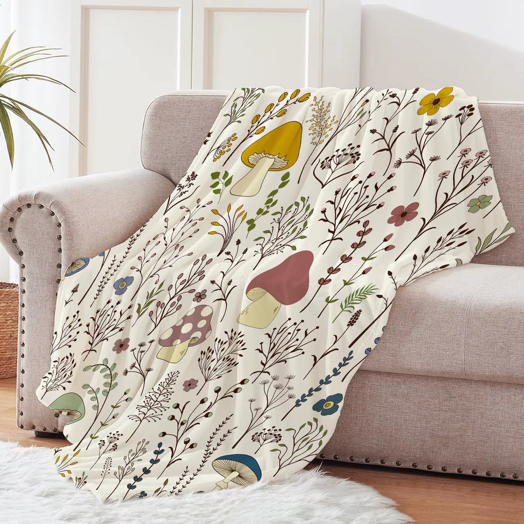 Soft & Warm Flannel Throw Blanket - Cozy Mushroom Pattern Lightweight for Couch, Bed, Travel, and Office Use - Perfect Gift Idea