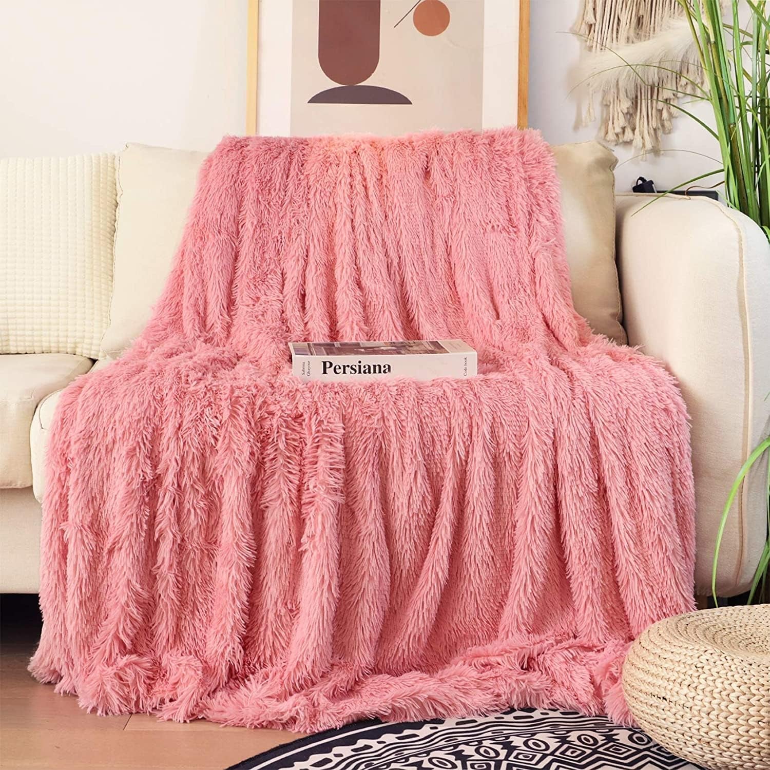 Decorative Extra Soft Faux Fur Blanket Twin Size 70" X 78",Solid Reversible Fuzzy Fluffy Cozy Plush Fleece Comfy Microfiber Fur Blanket for Couch Sofa Bed,Pink