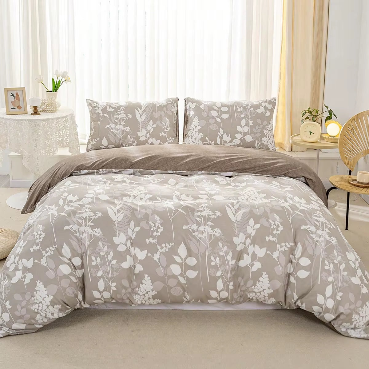 3Pcs/Set Leaf Floral Pattern Duvet Cover Set(1 Duvet Cover & 2 Pillowcase）Soft and Skin-Friendly Duvet Cover Bedding Set For