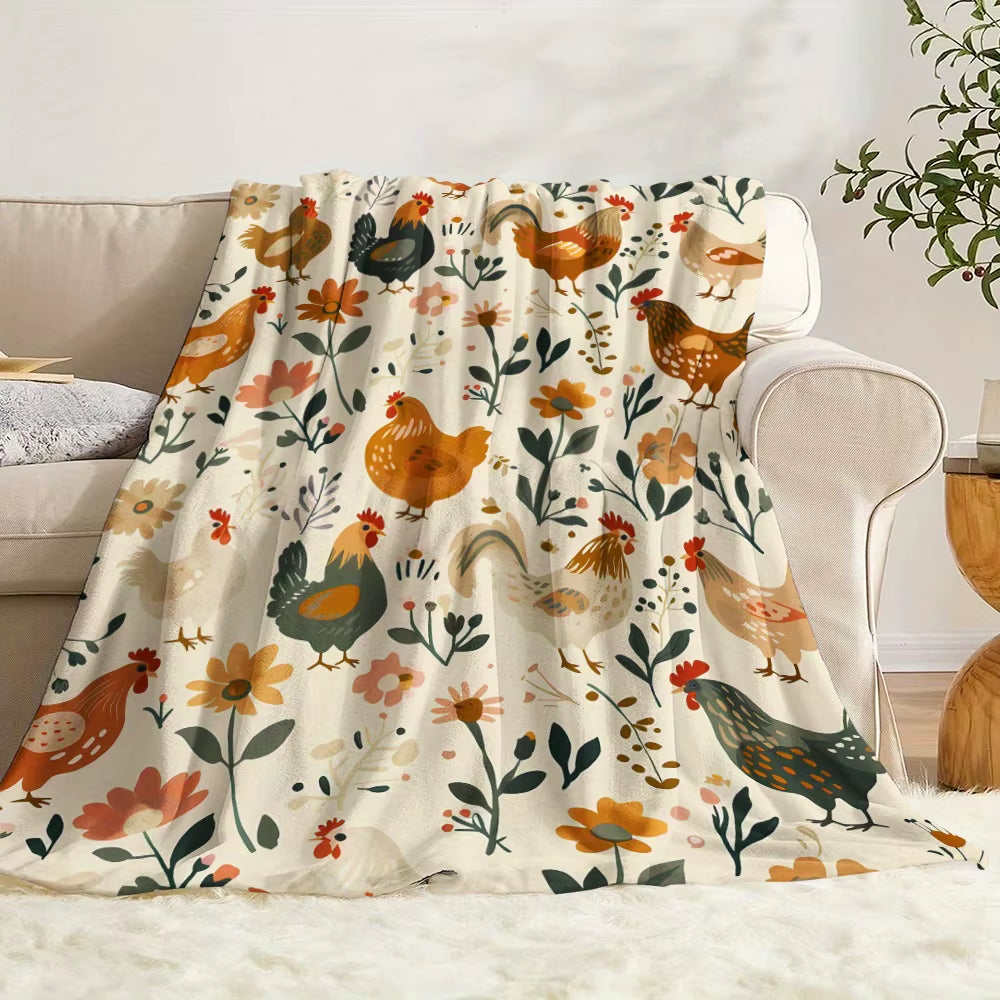 1Pc Chicken Element Blanket, Vintage Illustration Style, Chickens on the Farm, Flowers, Plants, Animals, Birds, Soft and Warm Pr