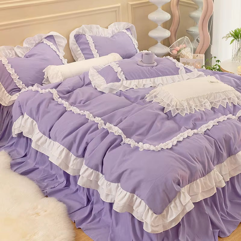 INS Korean Princess Bedding Kawaii Ruffle Lace Bed Skirt Duvet Cover Solid Color Queen Size for Girls Woman Home Textiles