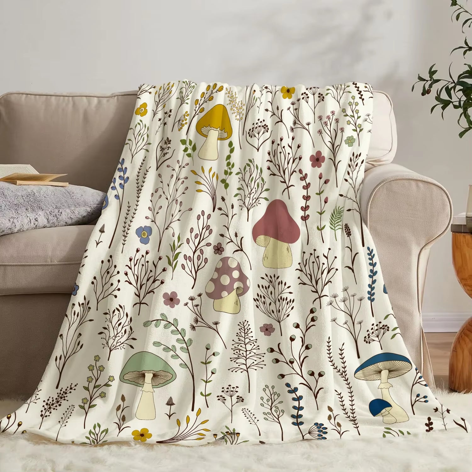 Soft & Warm Flannel Throw Blanket - Cozy Mushroom Pattern Lightweight for Couch, Bed, Travel, and Office Use - Perfect Gift Idea