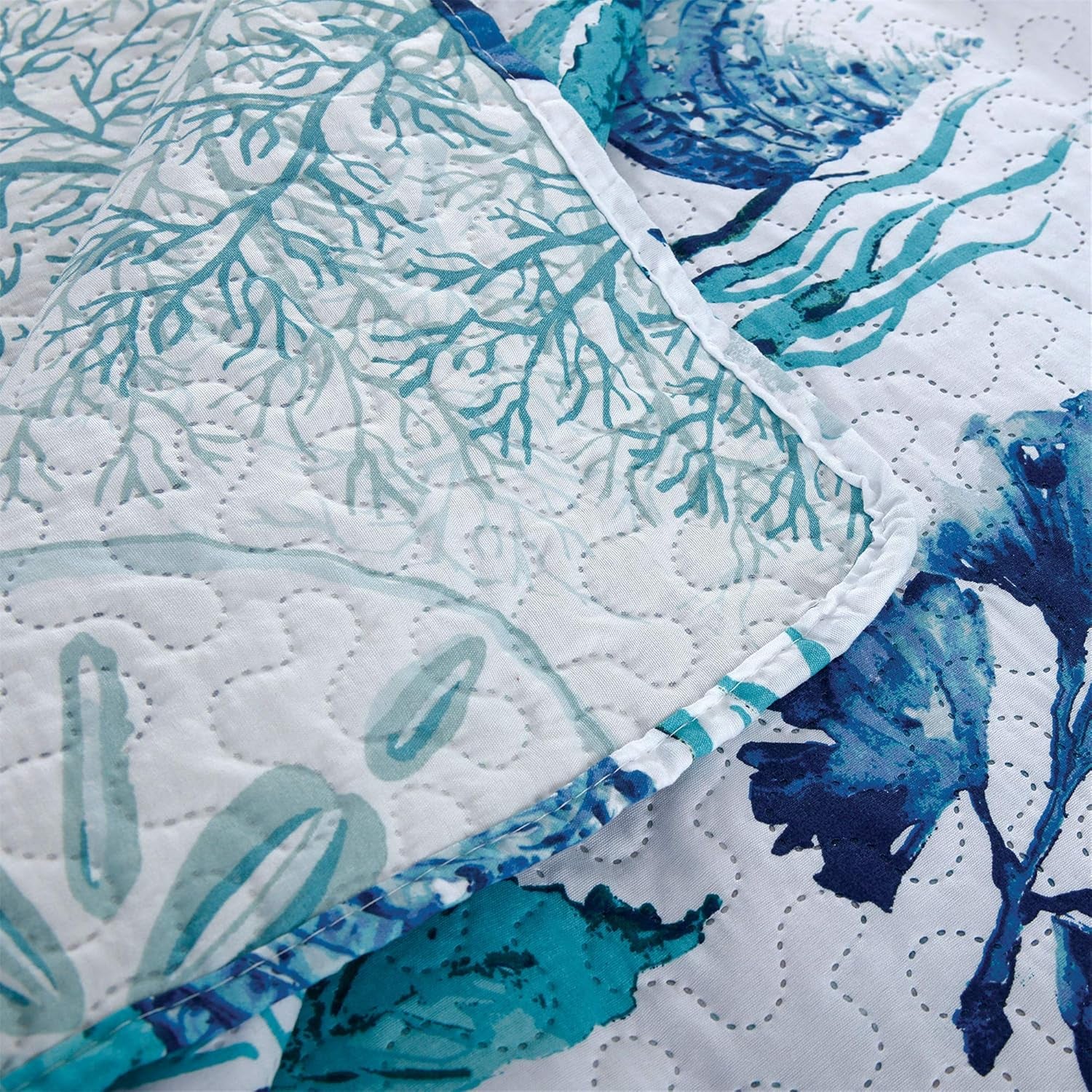 Coastal Bedding Set - Queen Size Reversible Quilts & Coverlet, Soft & Lightweight, Tropical Design, Aqua