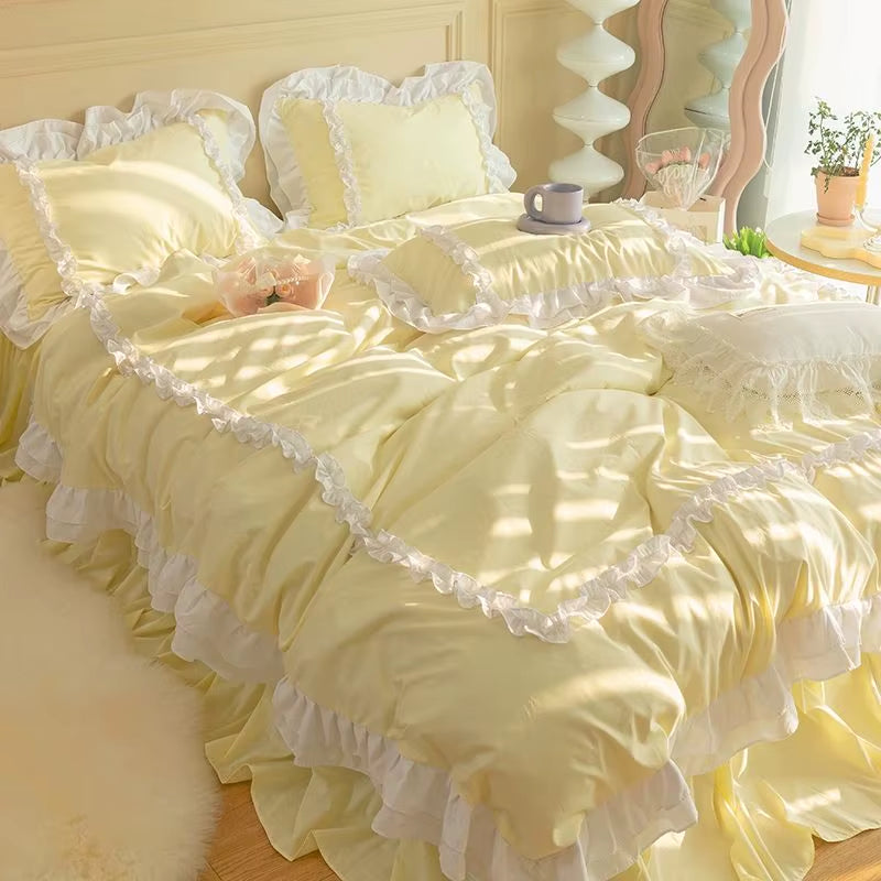 INS Korean Princess Bedding Kawaii Ruffle Lace Bed Skirt Duvet Cover Solid Color Queen Size for Girls Woman Home Textiles