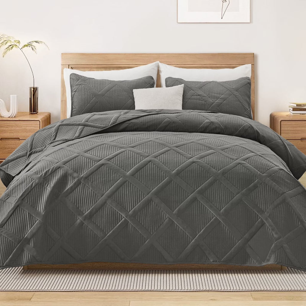 Ultrasonic Twin Quilt Set, 2-Piece Lightweight Bedspreads Modern Striped Coverlet, Grey