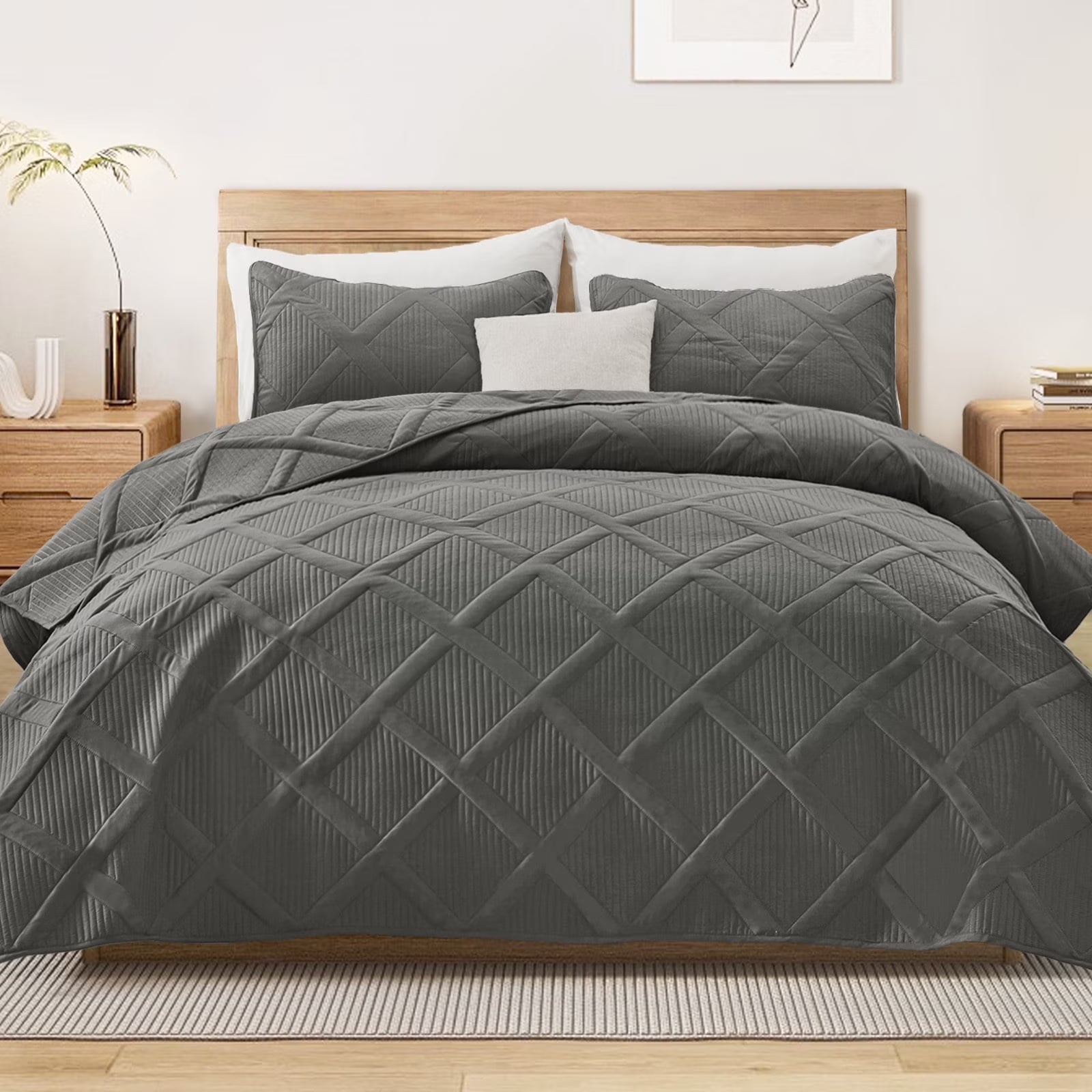 Ultrasonic Twin Quilt Set, 2-Piece Lightweight Bedspreads Modern Striped Coverlet, Grey